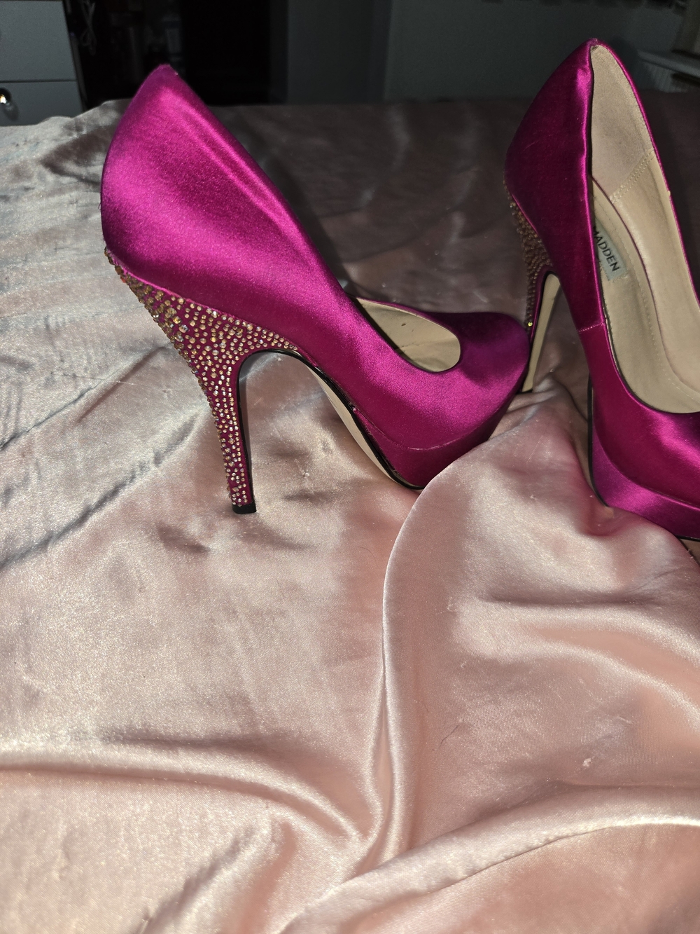 Steve Madden Satin Pumps in Fuchsia with Bedazzled Heel